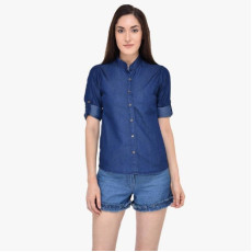 Womens Denim Solid Casual Mandarin Neck Shirt Fabric Denim